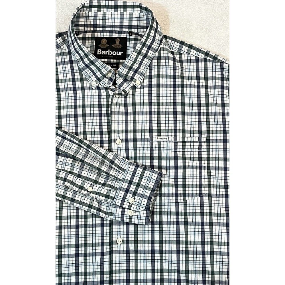 Barbour Performance Shirt Mens XL Blue Green Tailored Fit Plaid Tech Stretch